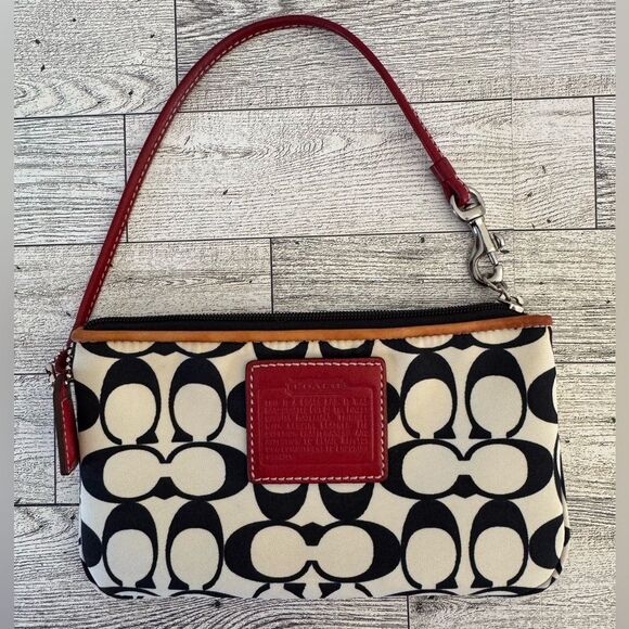 Coach Black and Cream Wristlet with Red Leather Accents - Picture 1 of 9